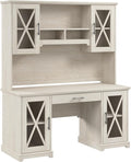 Bush Furniture Lennox 60W Farmhouse Desk with Hutch and Keyboard Tray in Linen White Oak | Computer Table for Home Office