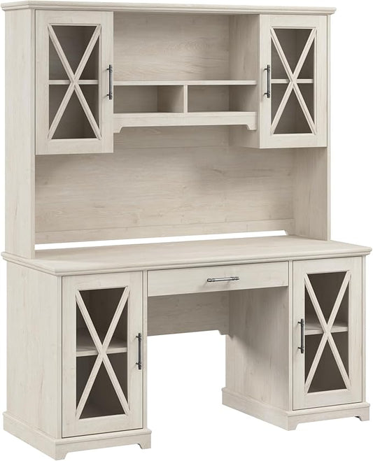 Bush Furniture Lennox 60W Farmhouse Desk with Hutch and Keyboard Tray in Linen White Oak | Computer Table for Home Office