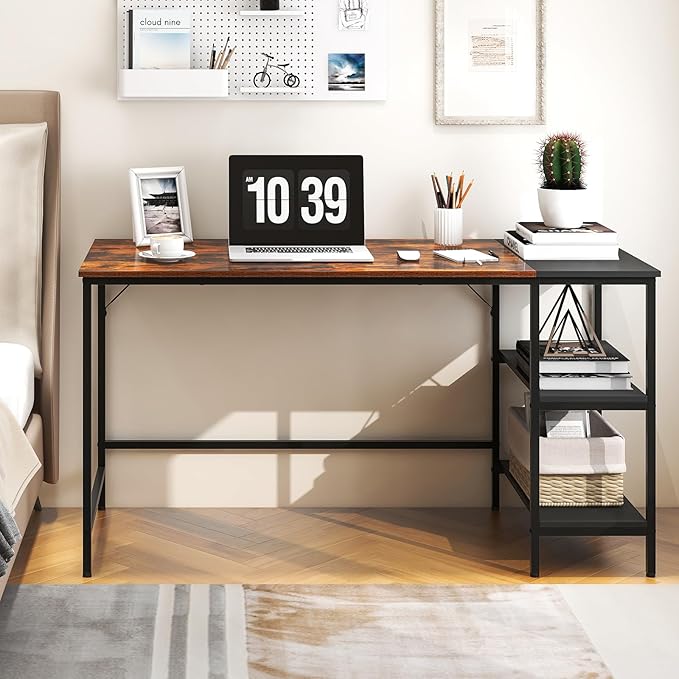 Computer Desk 55’’ Gaming Desk w/Storage Shelves Steel Frame &amp Adjustable Feet Wood Office Table Large Writing Desk for Bedroom Study Home Office (Rustic Brown 55''W)