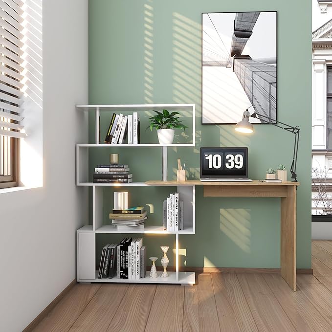 41.7 L Shaped Desk with 4-Tier Storage Shelves Computer Corner Desk for Study Home Office Living Room (Oak and White)