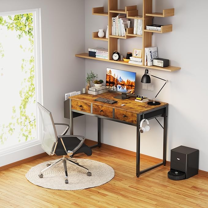 Lufeiya 40 Inch Desk with Drawers for Bedroom - 39 Inch Home Office Desks with 3 Fabric Storage Drawer and Pocket Study Writing Table Rustic Computer Desk Vintage Brown