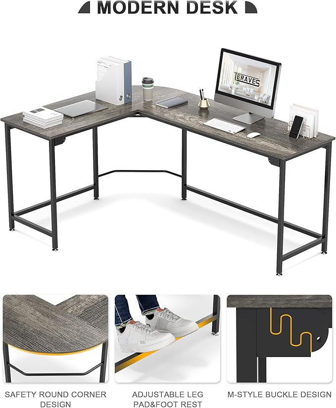 Teraves Modern L Shaped Gaming Desk 66'' Corner Computer Desk for Home Office Gaming Table Study Writing Workstation for Small Space Easy to Assemble
