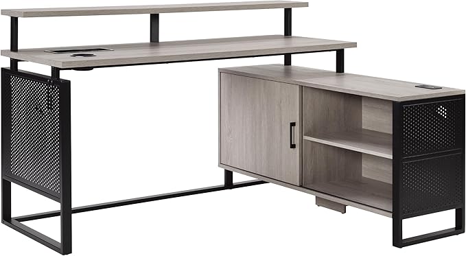 OSP Home Furnishings Ace Contemporary Modern Home Office Desk with Shelf L-Shape with Grey Taupe Finish