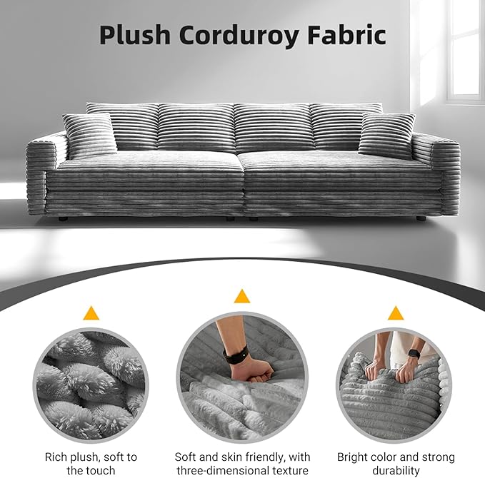 102.4'' Cloud Couch with 1 Ottoman 4 Deep Seat Convertible Modular Sectional Sofa Plush Corduroy &amp Memory Foam Couches with 6 Soft Pillows for Living Room Apartment
