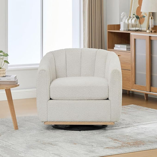 32 W Swivel Barrel Chair Boucle Chenille Accent Chair Upholstered Tufted Club Armchair Single Sofa Chairs with Metal Base for Living Room Family Room Bedroom Lounge Area Office (Ivory)