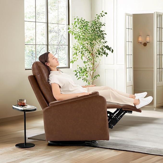 COLAMY Recliner Chair Living Room Sofa Home Theater Seat PU Leather Couch with Footrest Cushion Swivel Rocker Modern Bedroom Glider Chairs Cocoa