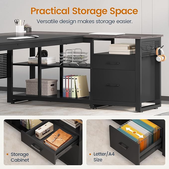 71 in Executive Desk with Power Outlets Reversible L Shaped Computer Desk with File Drawers &amp Storage Shelves Large Office Desk with Pegboard Mobile CPU Stand Modern Corner Desk (Grey)