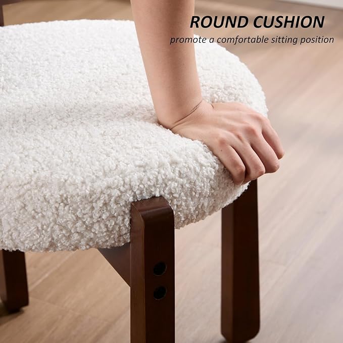 HEAH-YO Wood Vanity Chair with Back Set of 2 Sherpa Upholstered Small Ottoman Footstool Mid-Century Modern Makeup Chair with Solid Wood Legs for Makeup Room Bedroom Living Room White