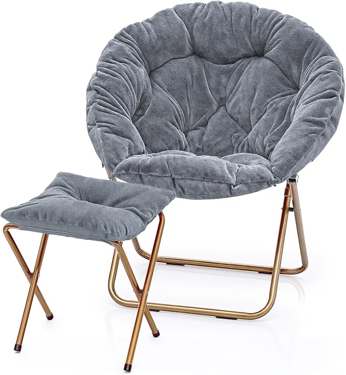 MoNiBloom Round Folding Faux Fur Saucer Chair for Bedroom Living Room Dorm Foldable Metal Frame Oversized Large Comfy Furry Padded Soft Cozy Moon Chair with Footrest Ottoman for Adults (Gray)