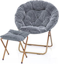MoNiBloom Round Folding Faux Fur Saucer Chair for Bedroom Living Room Dorm Foldable Metal Frame Oversized Large Comfy Furry Padded Soft Cozy Moon Chair with Footrest Ottoman for Adults (Gray)