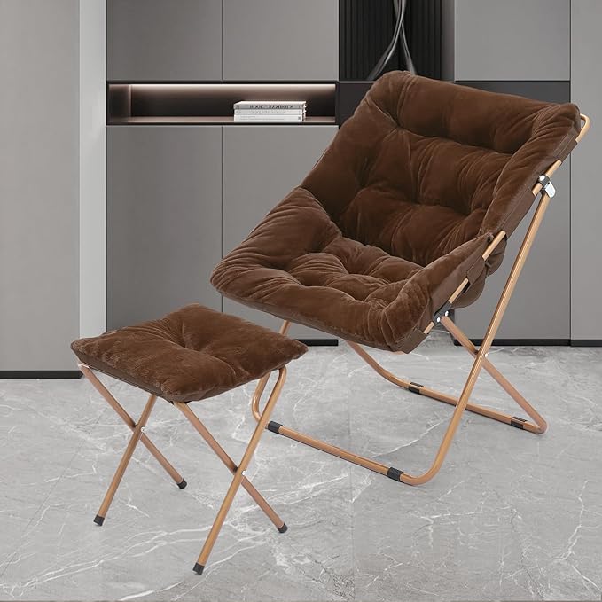 Athena Collection Comfy Saucer Chair and Ottoman Set for Adult Comfortable Faux Fur Square Oversize Folding Reading Chair with Metal Leg Lazy and Cozy for Bedroom Living Room Brown