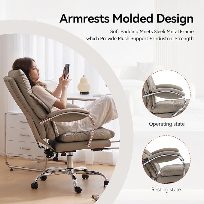 LEAGOO Office Chair with Foot Rest Executive Reclining Office Chairs with Arms Ergonomic High Back PU Leather Comfy Swivel Computer Desk Chairs with Wheels and Lumbar Support for Home Office Tan