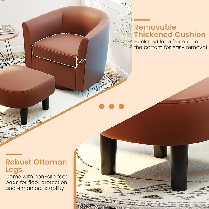 Swivel Chair with Ottoman Modern Barrel Accent Chairs with Removable Seat Cushion Comfy Single Sofa Lounge Armchair Upholstered Round Club Reading Chair for Living Room Bedroom Office