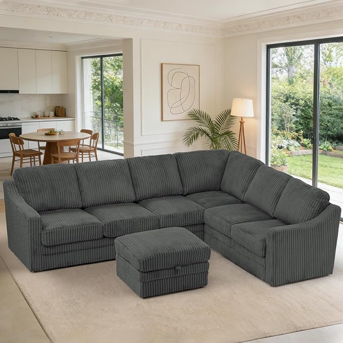115 Corduroy Sectional Sofa with Storage Ottoman Modern 7 Seats Corner Couch with Deep Seat Comfy Modular U Shaped Couch with Comfortable Cushions for Living Room Grey