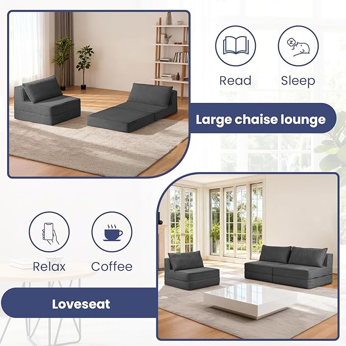 Folding Sofa Bed Convertible Sleeper Chair with PillowCorduroy Comfy Floor Futon for Living Room BedroomModern Accent Reading ChairNo Assembly RequiredGrey