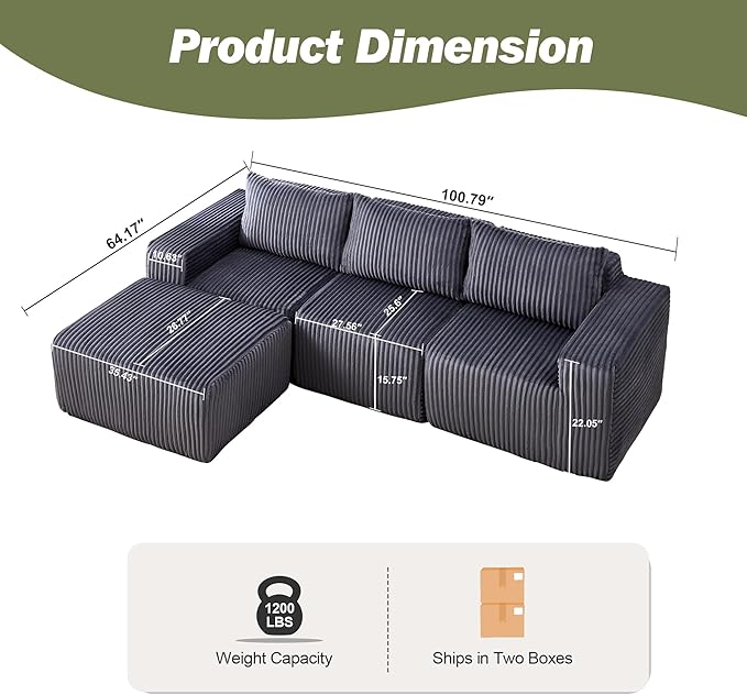 101 L Shaped Boneless Sectional Couch Cloud Memory Foam Couch for Living Room &amp Apartment Corduroy Upholstered Sofa Bed with Chaise Movable Ottoman No Assembly RequiredDark Gray