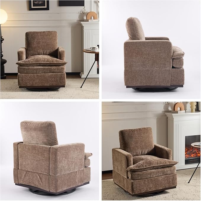 VINGLI 360° Swivel Mid-Century Modern Accent Armchair with Double-Layer Seat Cushions Comfy Single Square Sofa Upholstered Club Chair for Living RoomBedroom Reading Room Chenille Khaki
