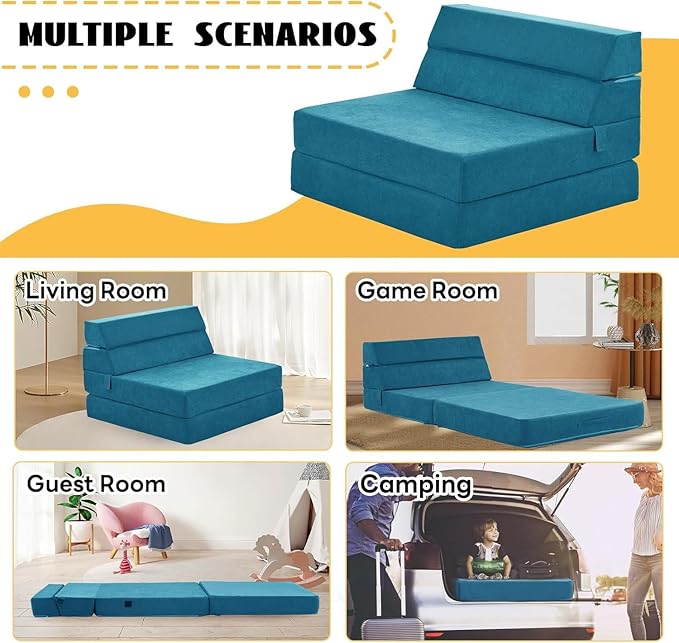 jela Foldable Sofa Bed Convertible Sleeper Lounge Chair Floor Mattress Floor Couch with Backrest Fold Out Futon with Washable Miss Fabric Cover for Guest Room Living Room (83x33Teal)