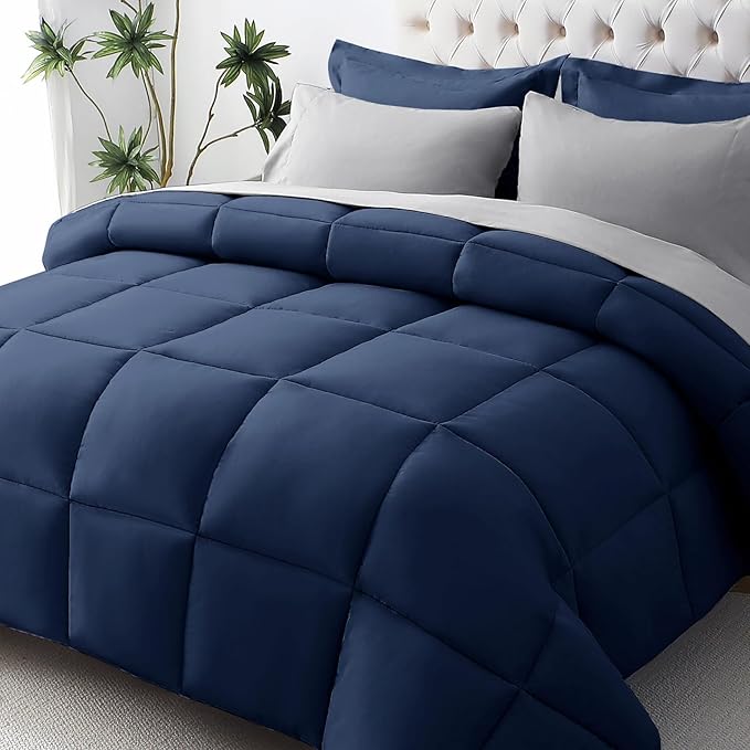 JOLLYVOGUE California King Comforter Set Ultra-Soft Cal King Size Comforter Sets 7-Piece Bed in a Bag Goose Down Alternative Oeko-TEX Certified Sheets &amp Pillowcases Navy Blue &amp Light Gre