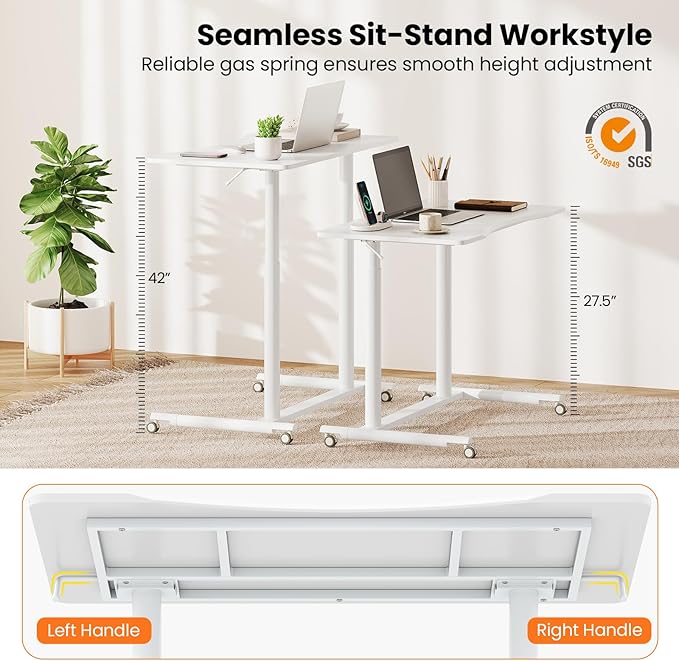 Tangkula Mobile Standing Desk C-Shaped Sit Stand Desk with Adjustable Height Lockable Wheels &amp Metal Frame Rolling Laptop Desk Portable Computer Workstation for Small Space
