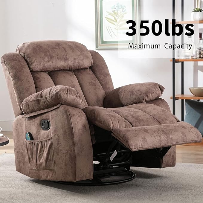 CANMOV Massage Rocker Recliner with Heat and Vibration 360 Degree Swivel Manual Antiskid Fabric Single Sofa Heavy Duty Reclining Chair for Living Room Dark Brown