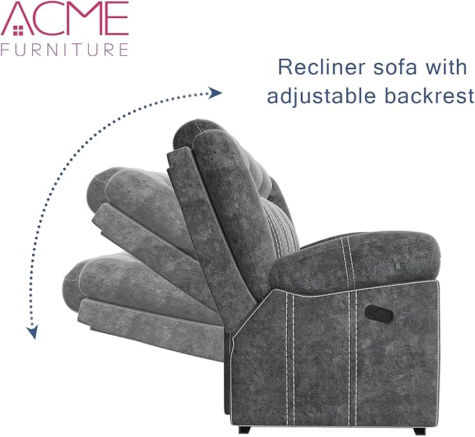 Acme Furniture Zubaida 41 x 87 Modern Velvet Reclining Sofa with USB Dock 1 Storage Drawer Tight Back &amp Seat Cushion in 2-Tone Gray Finish