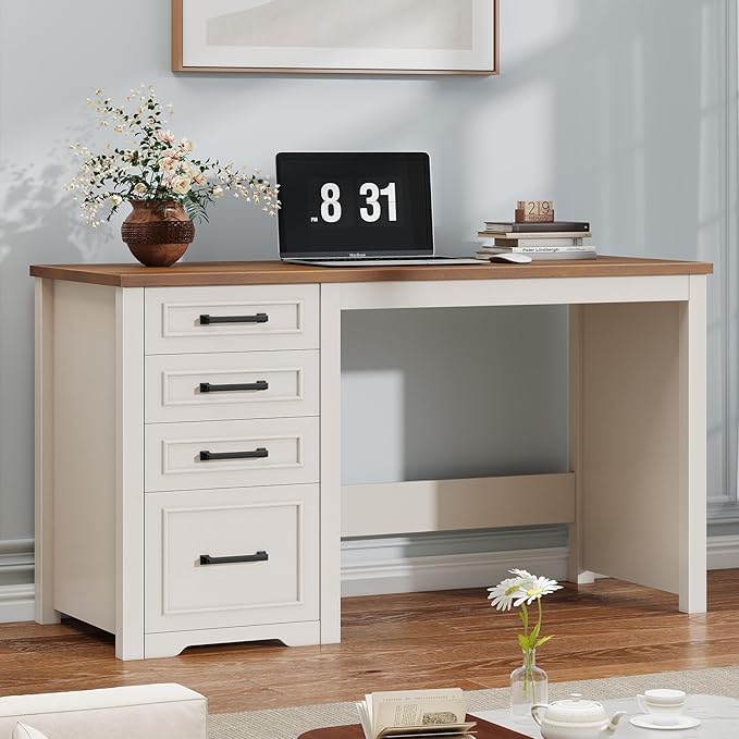 Vabches Farmhouse 49” Executive Desk with File Drawer 4 Drawers Reversible Computer Desk with Storage Rustic Home Writing Workstation for Home Office.White Brown