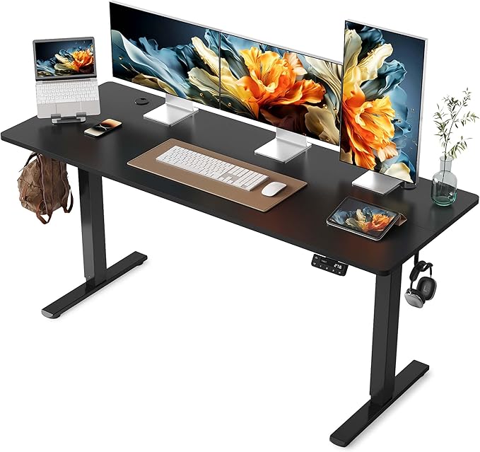 YIHAYO Electric Standing Desk 63 x 24 Inches Stand Up Desk with Splice Board Adjustable Height Desk Computer Desk for Home Office Black Frame/Black Top