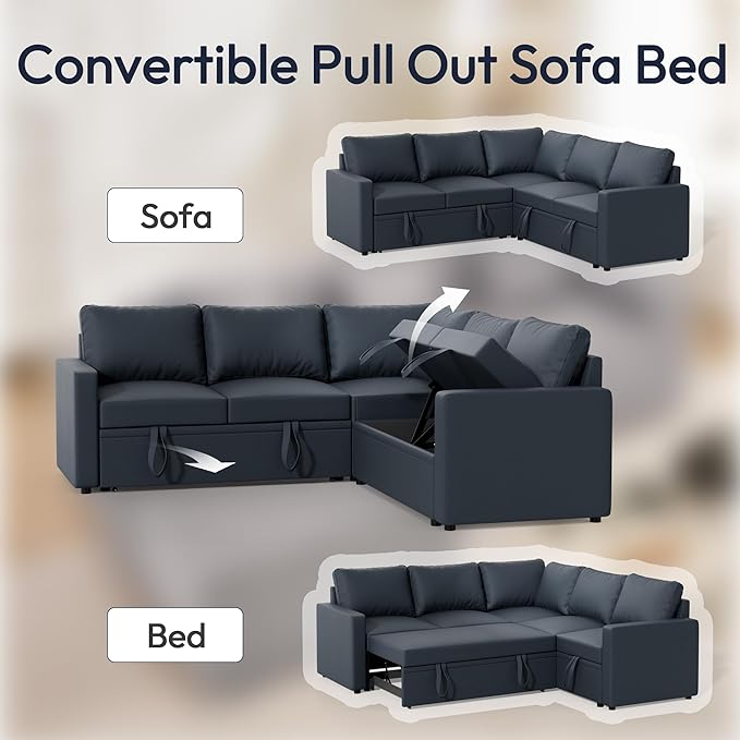 FONTOI Sleeper Sofa Bed Modular Sectional Couch with Pull Out Bed L Shaped Sectional Convertible SofaBed with Storage Seat for Living Room Apartment Bedroom Office Dark Gray Linen