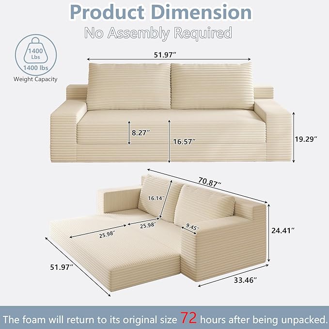 70.87 Loveseat Sofa Comfy Deep Seat Modern Small Corduroy Couch for Living Room Bedroom Apartment Home Office No Assembly Beige