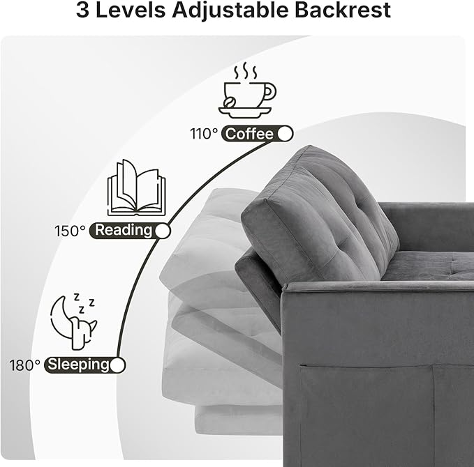 Rovibek 3-in-1 Velvet Sleeper Sofa Bed Convertible Pull Out Couch for Living Room with Adjustable Backrest Side Pockets Velvet Fabric Loveseat Sofa for Apartment Grey