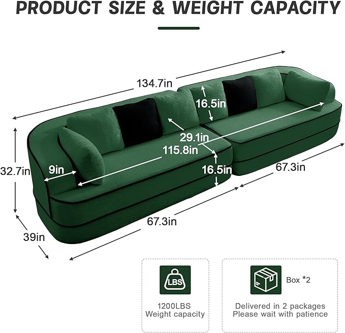 4 Seater Modular Sectional Boneless Couch with Throw PillowsModern Foam Boneless Sofa for Living Room Teddy Fabric Oversized with Deep Seat Green Sofa
