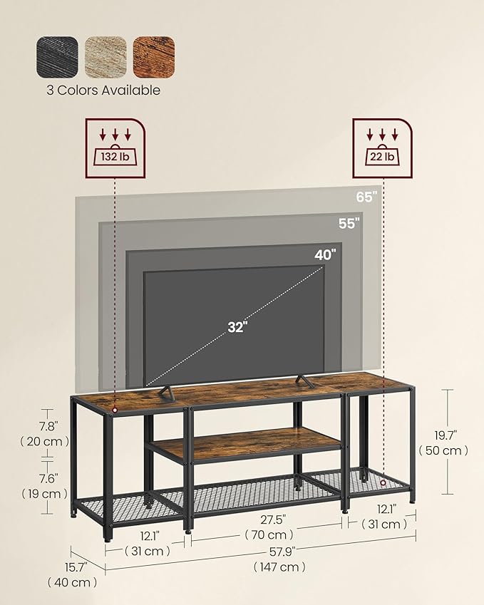 VASAGLE Modern TV Stand for TVs up to 65 Inches 3-Tier Entertainment Center Industrial TV Console Table with Open Storage Shelves for Living Room Bedroom Rustic Brown and Black ULTV097B01