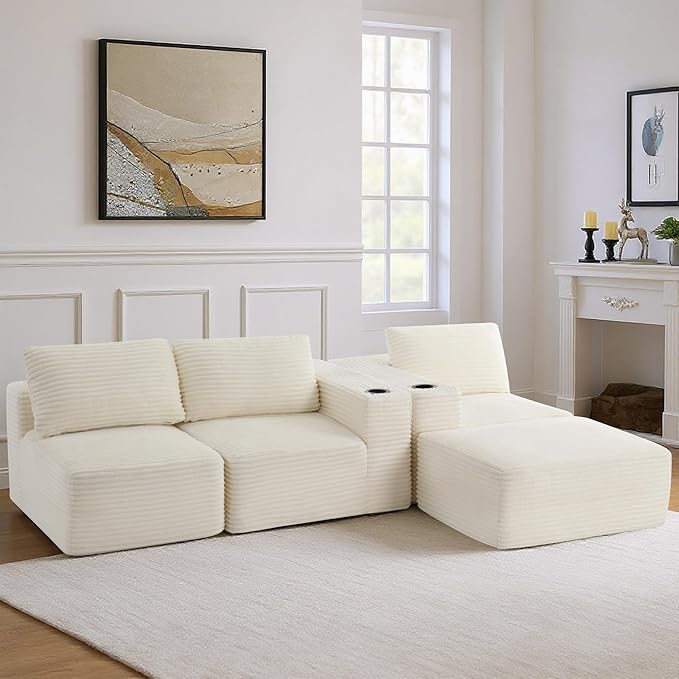 110”Modular Sectional SofaCloud Boneless Couch with Deep SeatModern Modular L-Shape Sofa Couch with 0ttomanUpholstered Couches for Living Room Bedroom (Beige)