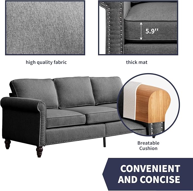 Sofa Couch 3 Seat Couches for Living Room 3 Sofa Seat for Small Spaces Mid Century Modern Couch with Armrest and Backrest Soft Cushion Sofa for Home/Office/Apartment - Dark Grey