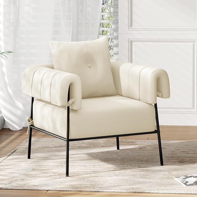 Furniliving Modern Accent Chairs Comfy Chairs with Pillow Lounge Chair Reading Chair for Living Room Upholstered Bedroom Arm Chair with Metal Frame Armchair Soft Cushion Corduroy Beige