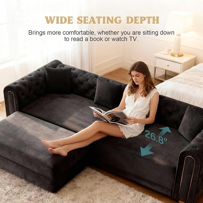 90.6'' Futon Sofa Bed Chesterfield Velvet Sleeper Sofa Convertible Floor L-Shaped Couch Tufted Back 4 Pillows Gold Edge Trim Deep Loveseat Couches for Living Room Apartment Gold Black