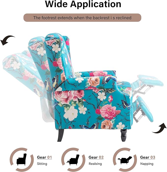 Pushback Recliner Chairs Set of 2 Floral Fabric Wingback Recliner Chair Upholstered Rivet Trim Armchair Push Back Recliner Accent Chair for Small Spaces Living Room Peacock Blue