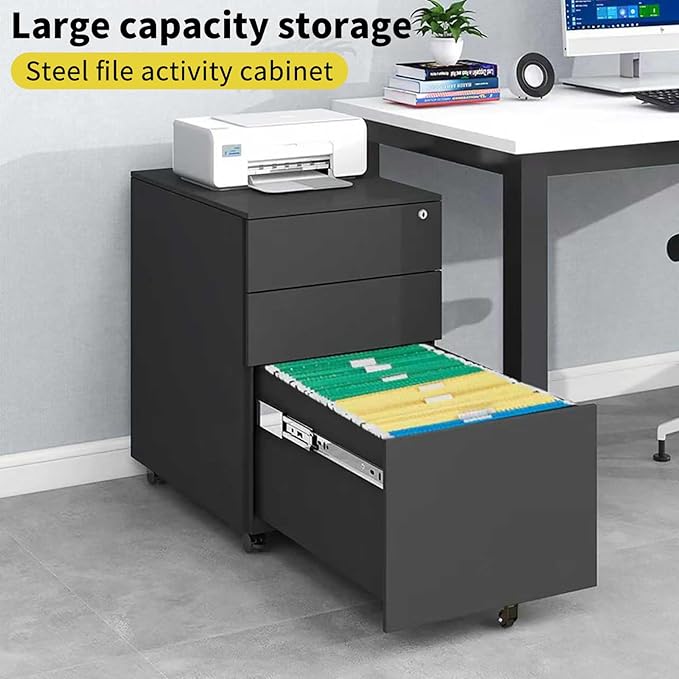 3 Drawer File Cabinet with Wheels Metal Filing Cabinets for Home Office with Lock Under Desk Drawer Organizer Fully Assembled Fits Letter A4 Standard Sizes (Black 23.6*11.8*20.5)