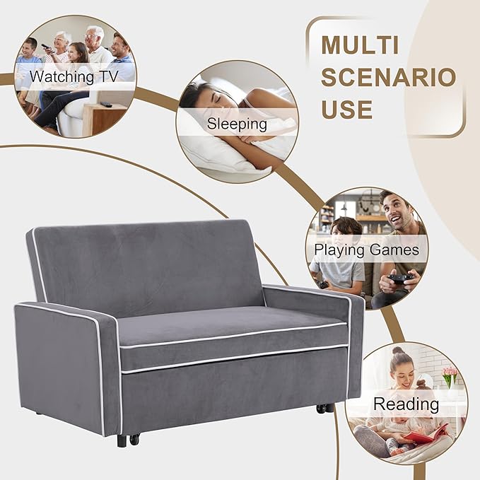 3-in-1 Convertible Sofa Sleeper Bed 2-Seat Loveseat Lounge with Adjustable Backrest Flannel Pull Out Fabric Couch Chaise Perfect for Home RV Apartment Office Living Room Grey