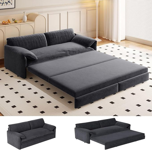 Newfun 66 Futon Sofa Bed 3 in 1 Convertible Sleeper Sofa with Side Storage Velvet Loveseat Bed Pull Out Sofa Bed for Living Room Small Space Bedroom Studio (Grey)