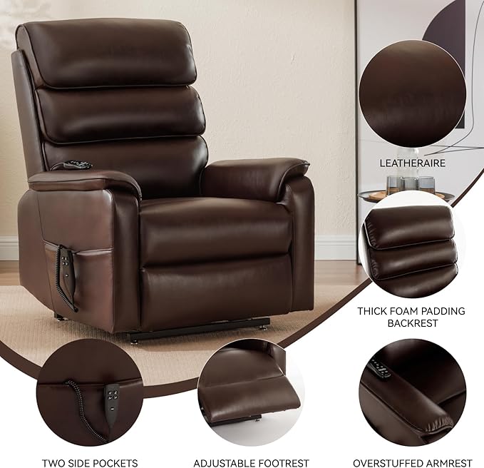 Manual Rocker Swivel Recliner Chair with Vibration Massage Lumbar Heat Rivet Design Faux Leather Brown Single Sofa for Living Room (34.64 Brown)