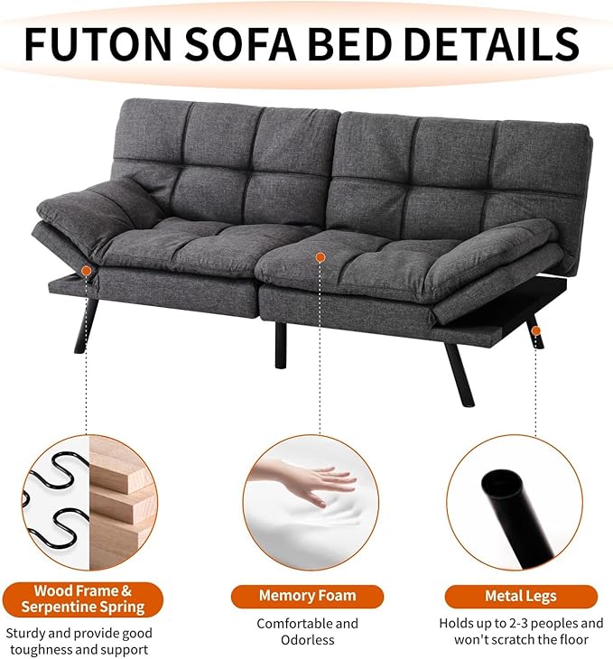 MUUEGM Convertible Futon Sofa Bed Memory Foam 71 Sofabed Modern Loveseat Sleeper Sofa with Adjustable Backrest &amp Armrest for Small Space Office Couch for Living RoomApartmentOffice