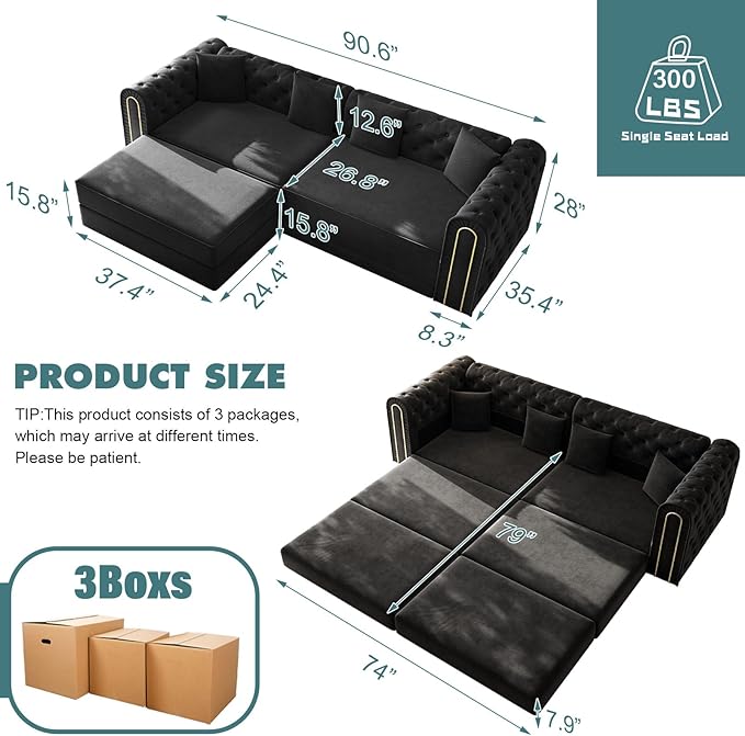 Polibi 90.6 3-in-1 Convertible Sleeper Sofa Bed Velvet Tufted Modern 3-Seater Couch with Movable Ottoman &amp Gold Trim King Size Sleeper for Living Room Apartment Black