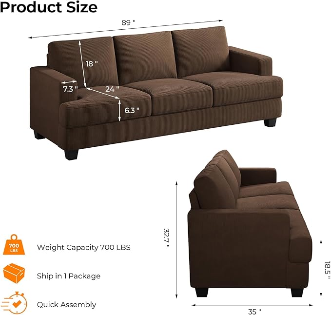 89 Inch Sofa with Extra Deep Seats Oversize 3 Seater Sofa for Living Room Modern Couch and Sofa Comfy Armrests and Seats and Backrests Easy Installation Corduroy Fabric Brown