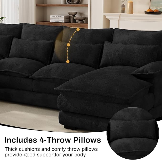 OUYESSIR 110 U Shaped Cloud Sectional Sofa with Deep Seat Cushions Modern Comfy Chenille Couch 4 Seater Fluffy Sectional Couches for Living Room with Double Chaise(Black)