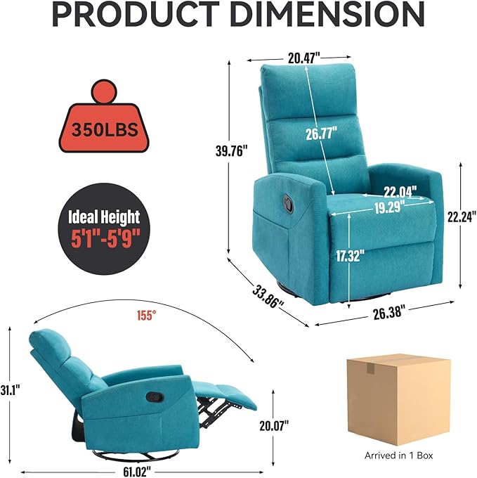 Swivel Rocking Recliner Chair Upholstered Glider Rocker with Adjustable Backrest and Footrest Modern Rocking Chair for Adults with 2 Pockets for Nursery Lounge Bedroom Living Room (Blue)