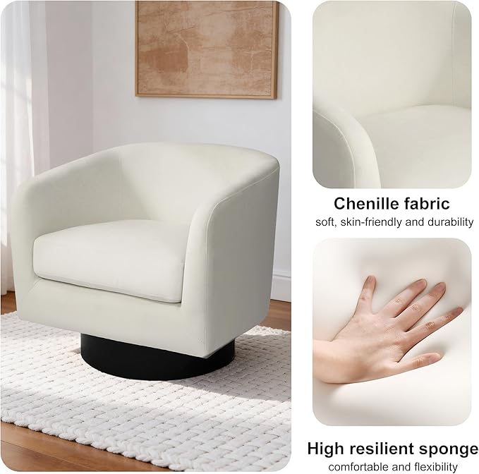 Swivel Barrel Accent Chair Modern Round Chenille Fabric Arm Chair for Living Room Bedroom Comfy Club Reading Chairs for Adults（Velvet Ivory Set of 1