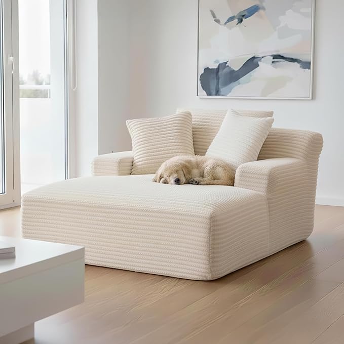 Container Furniture Chamden Oversized Chaise Lounge Chair Modern Corduroy Sofa Bed with Full Foam Cushioning Cozy Convertible Sleeper for Living Room or Bedroom Ivory