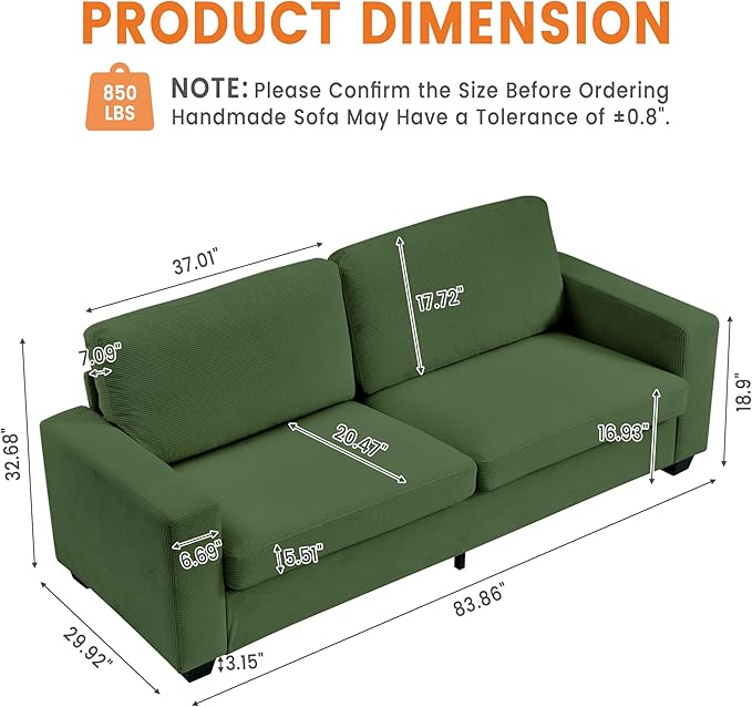 Garvee Modern Loveseat Sofa for Living Room 83 Comfy Corduroy Couches Removable Cover Cloud Couch with Deep Seat Sofa Solids Wood Frame Easy Assembly for Apartment Small Spaces Green